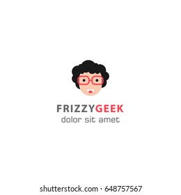 Frizzy geek, geek smile. Vector logo template