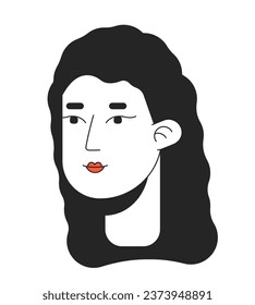 Frizzy hair woman caucasian 2D linear cartoon character head. Graceful lady with hairstyle curls isolated line vector person face white background. Elegant brunette color flat spot illustration