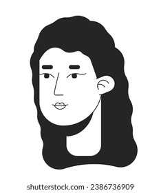 Frizzy hair woman caucasian black and white 2D line cartoon character head. Lady with hairstyle curls isolated vector outline person face. Elegant brunette monochromatic flat spot illustration