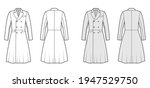Frock coat technical fashion illustration with long sleeves, round collar peak, knee length, A-line skirt. Flat jacket template front, back, white, grey color style. Women, men, unisex top CAD mockup