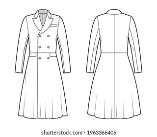 Frock coat technical fashion illustration with double breasted, long sleeves, round collar peak, knee length, A-line skirt. Flat template front, back, white color style. Women, men, unisex CAD mockup