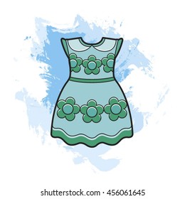 frock with flowers in blue over blue brush strokes-vector drawing