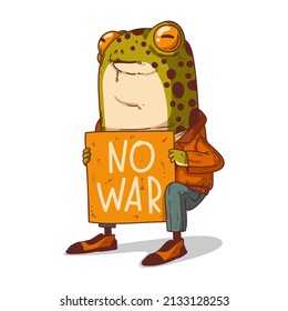 A Frog against War, isolated vector illustration. Anthropomorphic frog, holding NO WAR banner. An animal character with the human body. Antiwar placard. Pacifist demonstration. Peaceful protest.