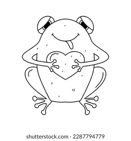 Frog animal holding heart in hand drawn doodle style. Vector illustration isolated on white background. Coloring book.