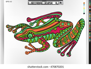 Frog. Animal patterns with hand-drawn doodle waves and lines. Vector illustration in bright colors.