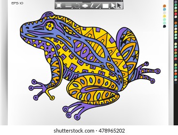 Frog. Animal patterns with hand-drawn doodle waves and lines. Vector illustration in bright colors.