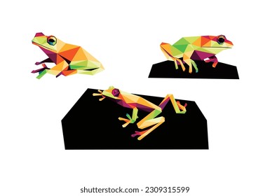Frog Animal Set in Colorful low poly polygonal. Cute Frog Icon in abstract colorful logo. Vector abstract of Frog collection