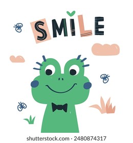 Frog animal sticker. Hand lettering with smile. Cute frog animal cartoon character catches insect. flat vector illustration postcard