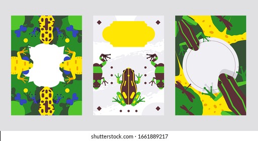Frog animal vector illustration with blank space for text, banner or greeting card template set with copy space. Background design with green, yellow, blue amphibian on waterlily, dragonfly and moth.