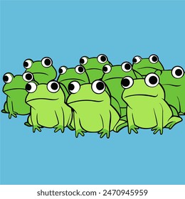 "Frog army vector: A whimsical illustration featuring a group of frogs, ideal for playful designs, prints, and children's artwork. Creative and fun!"