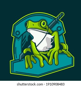 frog assassin, squad logo, for moba game player squad, green frog carrying a samurai on its back, making an assassin frog