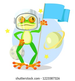 Frog astronaut. Funny cartoon vector illustration of frog in the moon. Flat style children card for learning professions.