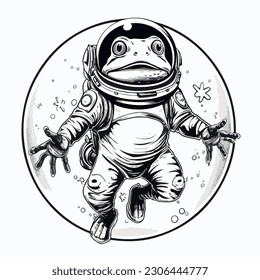 Frog astronaut in space logo for business modern black and white mascot isolated on white background.