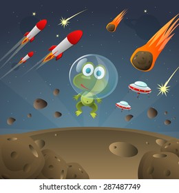 Frog astronaut in space. Vector illustration.