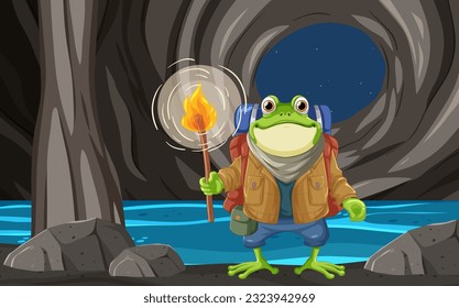 El mochilero de rana explora en la ilustración de la cueva