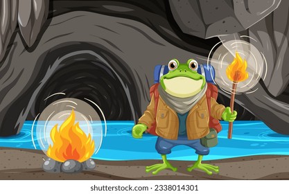 El mochilero de rana explora en la ilustración de la cueva