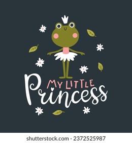 Frog ballerina card with lettering. Vector illustration of a cute character in a tutu dancing ballet. Hand-drawn cartoon in a limited palette is ideal for printing on baby clothes, posters