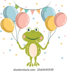 Frog with balloons and festive flags. Children's illustration. Holiday card, poster. Birthday