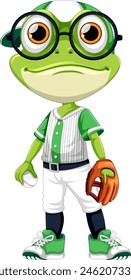 Frosch in Baseball-Uniform mit Handschuh und Ball