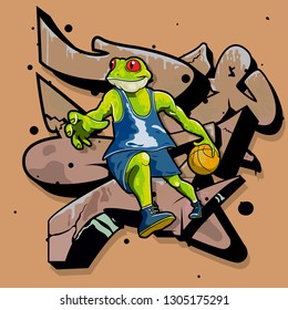 Frog Basketball Player Graffiti Ball. Vector Cartoon Sport Illustration