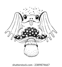 Frog with bat wings sit on mushroom. Vintage Halloween sketch with demon. Tattoo art with cute toad as devil with wings and horns. Magic animal on amanita, vector hand drawn illustration