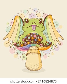 Frog with bat wings sit on mushroom. Vintage Halloween sketch with demon. Watercolor tattoo art with cute toad. Magic animal on rainbow amanita, vector hand drawn illustration. Trippy hippy style frog