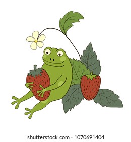 Frog with berries. Vector illustration, design element.