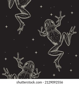 Frog. Black Magic Seamless Pattern. Hand Engraved Tattoo Style Spooky Night Gothic Witchcraft