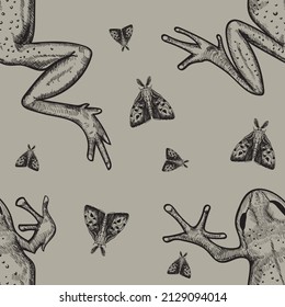 Frog. Black magic seamless pattern. Hand engraved tattoo style Spooky Night Gothic Witchcraft