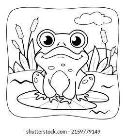 Frog black and white. Coloring book or Coloring page for kids. Nature background vector illustration