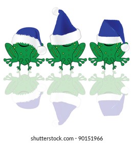 frog with blue christmas hat illustration on white
