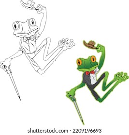frog with bow tie, frog lifting hat, frog jumping