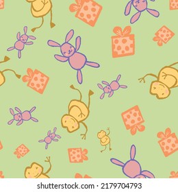 Frog Bunny Rabbit Gift Ribbon Seamless Pattern. Vector illustration. Perfect for party, fashion, decoration, textile design, background, illustration, carpet, tiles and rug.