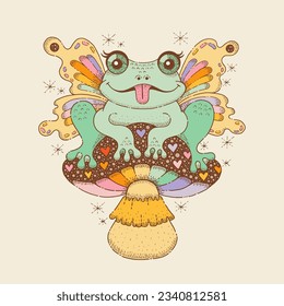 Frog butterfly on mushroom sticker. Vintage groovy illustration of cute frog on mushroom. Doodle psychedelic art of happy toad with butterfly wings on amanita, vector hand drawn retro hippie poster