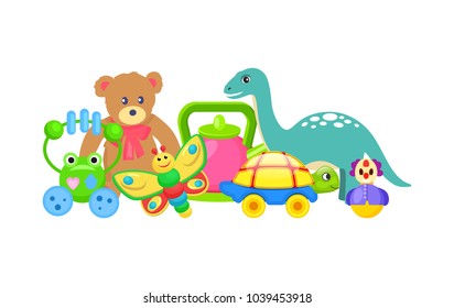 Frog and butterfly toys set collection of toys dinosaur and teddy bear tortoise and clown, kids items vector illustration isolated on white background