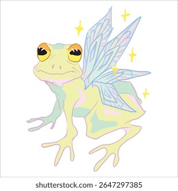 Frog with butterfly wings. Fairytale mystical creature. Fairy. Magical shimmer, stars. Nice gentle colors. Vector, hand-drawn illustration. Print for clothes, sketchbooks, cups.Sticker and logo design