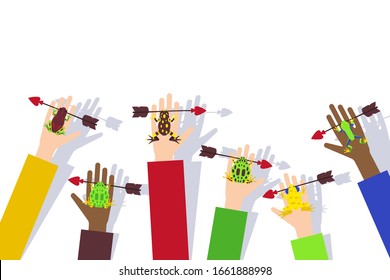 Frog cartoon animals with arrow sit on people hand vector illustration for romantic postcard with place for text. Toad with arrowhead in heart shape from fairy tale. Background for valentines day card