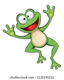 Frog cartoon character. Cheerful frog jumping. 