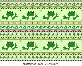 Frog cartoon character seamless pattern on green background.Pixel style