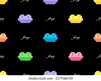 Frog cartoon character seamless pattern on black background. Pixel style