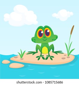 Frog Cartoon Character sitting on the ground in the middle of river or pond or lake background. Colorful vector illustration. Design for children book illustration