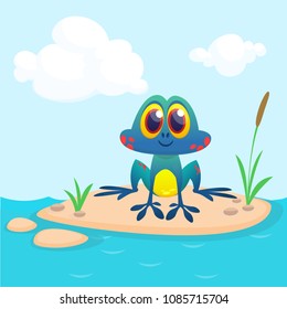 Frog Cartoon Character sitting on the ground in the middle of river or pond or lake background. Colorful vector illustration. Design for children book illustration