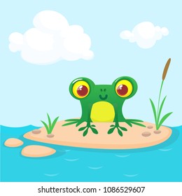 Frog Cartoon Character sitting on the ground in the middle of river or pond or lake background. Colorful vector illustration. Design for children book illustration