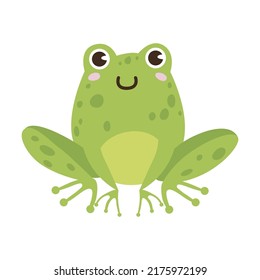 Frog cartoon character vector illustration. Drawings of green toads jumping, sitting in pond with lotus, catching dragonflies isolated on white