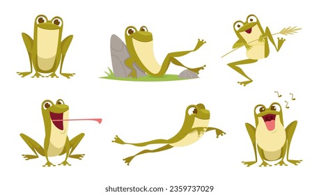 Frog. Cartoon cute toad in action poses exact active jumping lazy frog