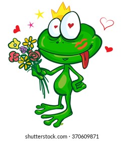 frog cartoon with  flowers isolated on white