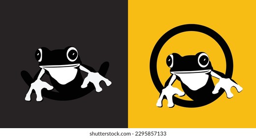 Frog cartoon icon on black and yellow background. Vector design illustration. Simple animal logo template editable
