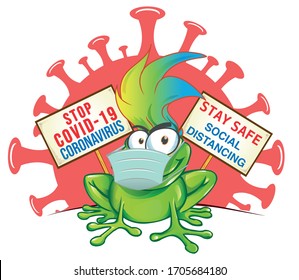  frog cartoon with mask on signboard against coronavirus
