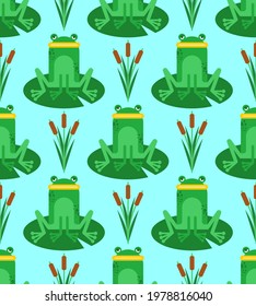 Frog cartoon pattern seamless. frog sitting on lily background. Swamp with frogs texture