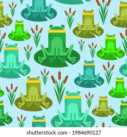 Frog cartoon pattern seamless. frog sitting on lily background. Swamp with frogs texture